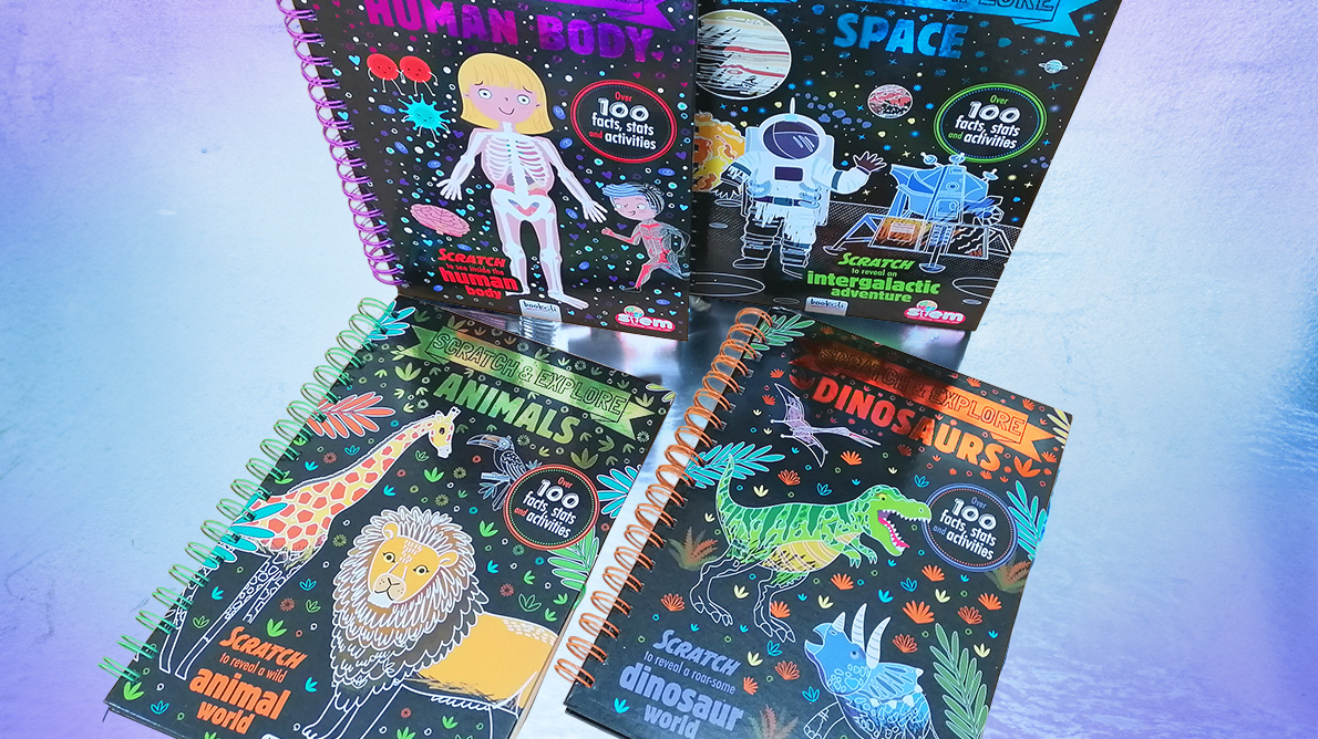 group photo of 4 activity books for children